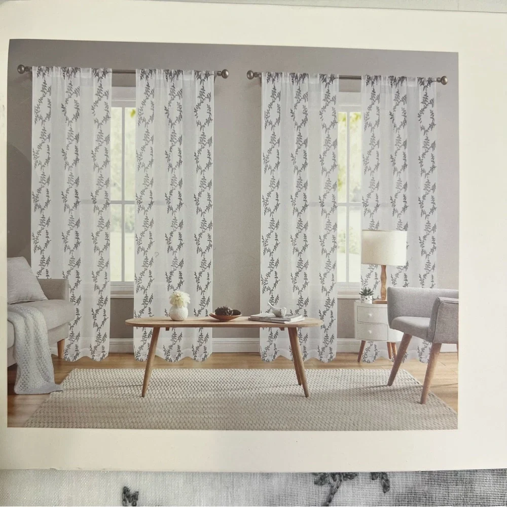 4 Laura Ashley Embroidered Floral Vines Sheer Curtains 38x84” New